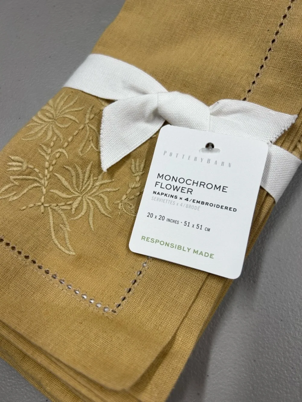8 Pottery Barn Napkins Monochrome Embroidered Floral Cotton Linen 2 Set of 4 NWT